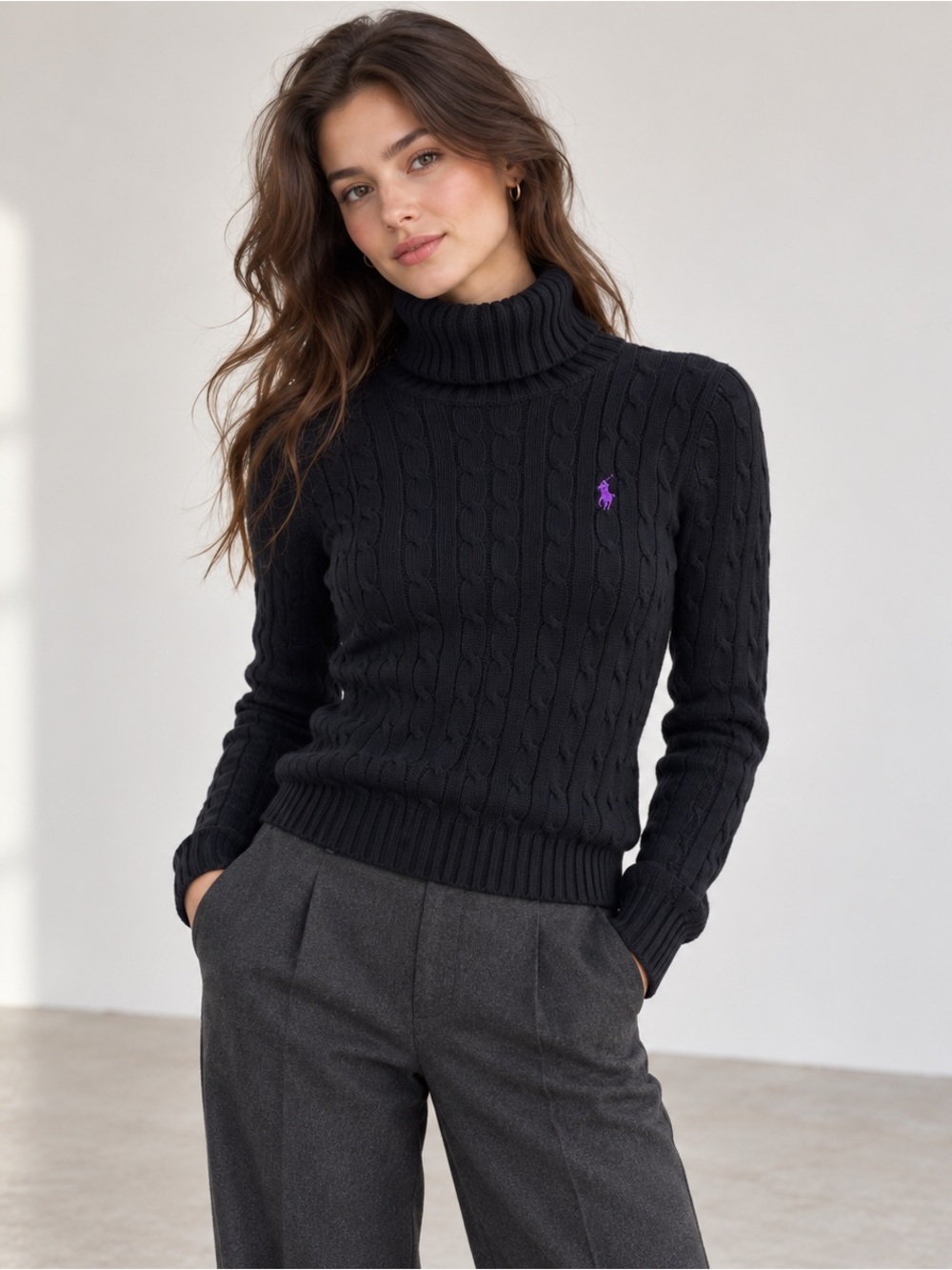 Ralph Lauren Sport Women’s Black Cable Knit Turtleneck Sweater Purple Pony S Y2K